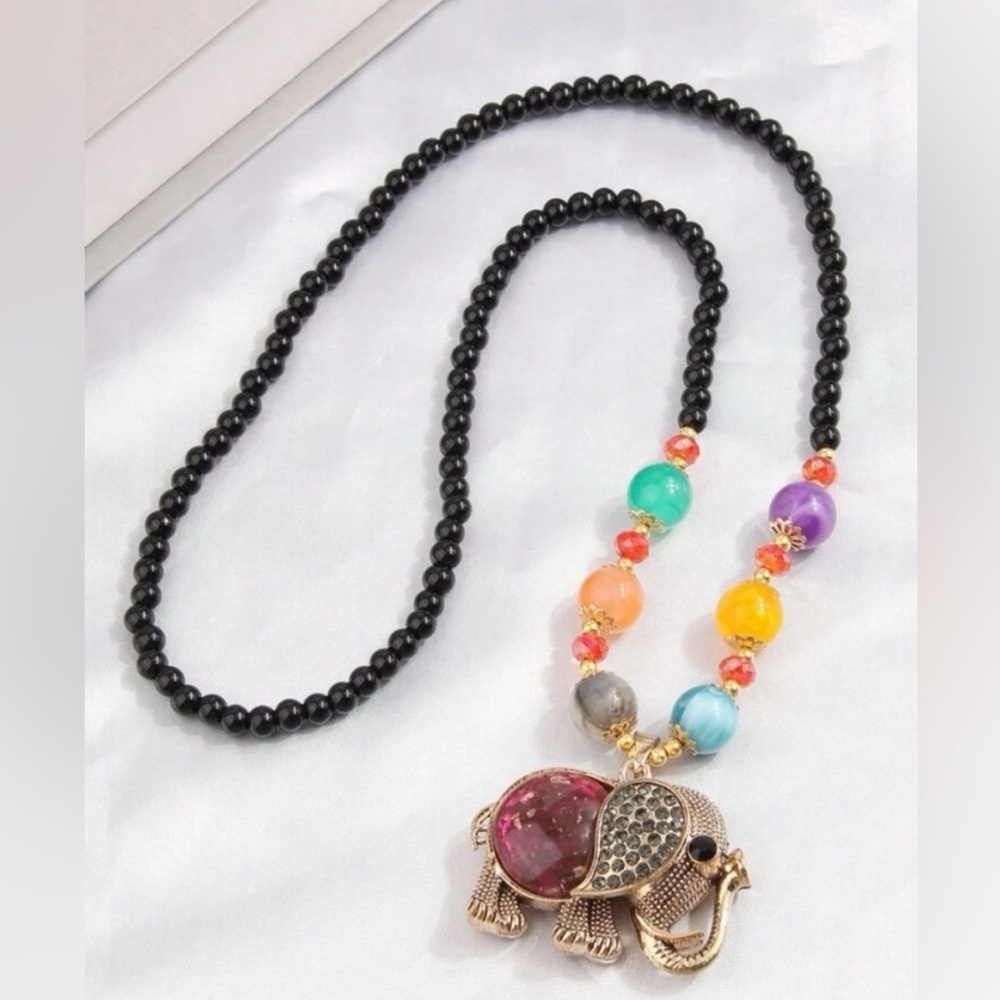Colorful Beaded Elephant Pendant Necklace